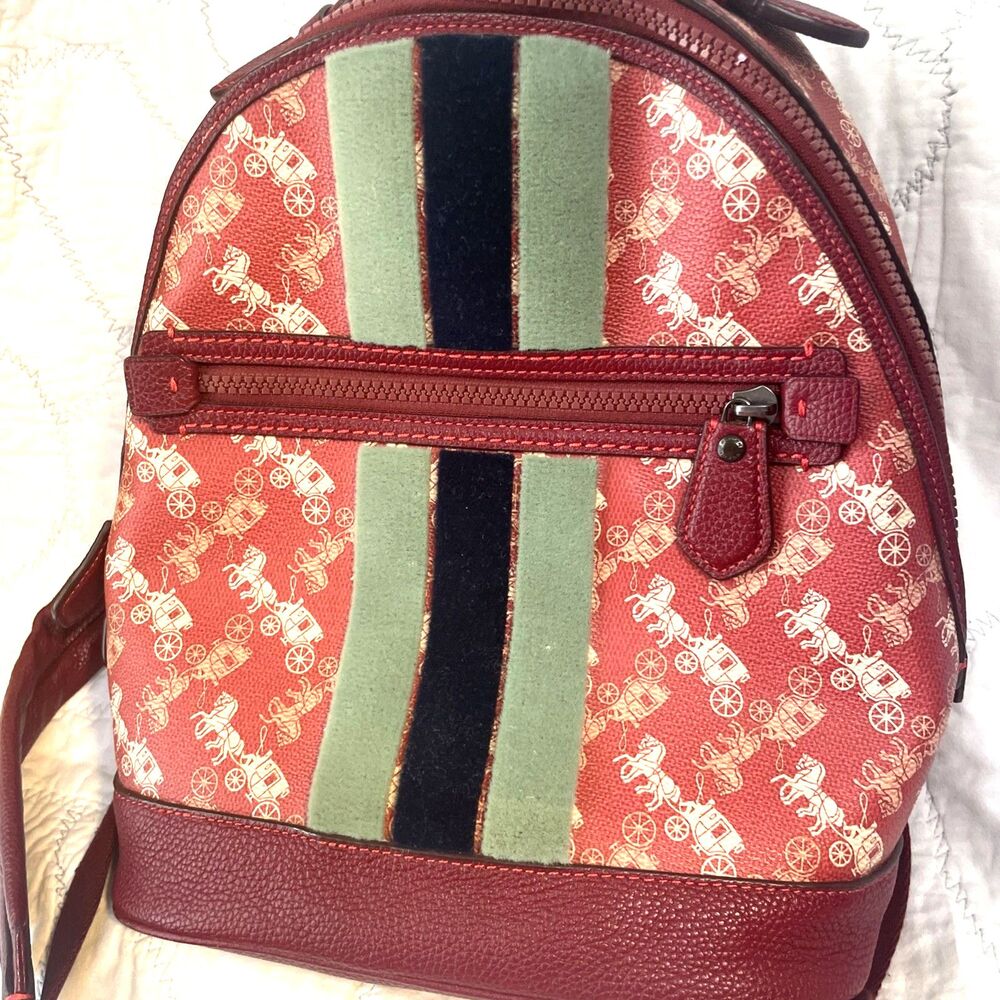 Coach New Year Barrow Backpack Red Coated Canvas Horse Carriage Varsity Stripe